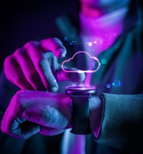 Cloud technology with futuristic hologram on smartwatch